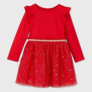 🆕 Cat & Jack Glitter Tulle Red Long Sleeve Dress